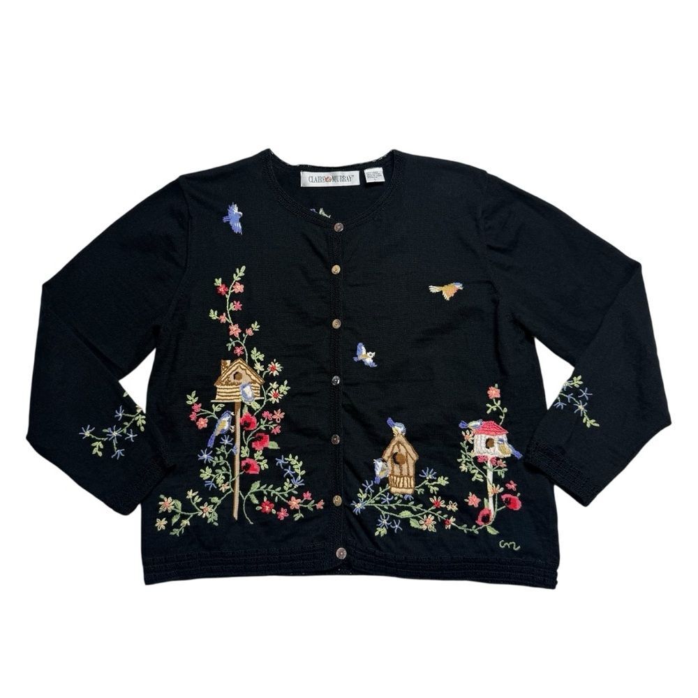 Vintage Claire Murray Linen Cotton Cardigan Embroidered Birdhouses Birds Black L